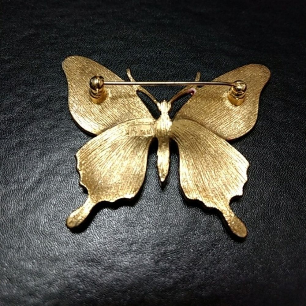Trifari gold tone red and pink butterfly pin - Picture 7 of 8